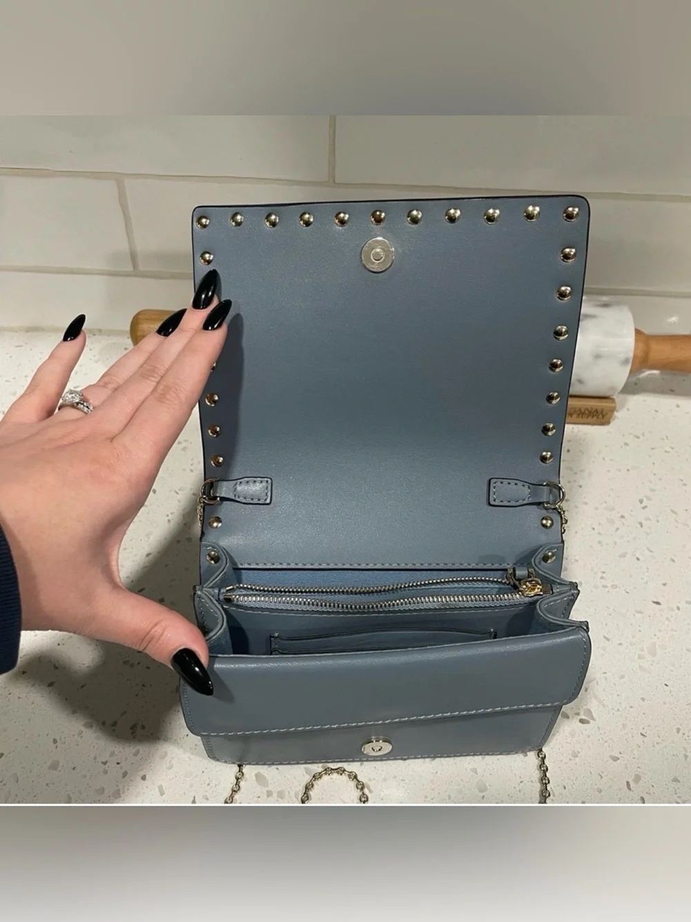 Valentino Garavani authentic Slate Blue Rockstud Crossbody with Gold Chain
